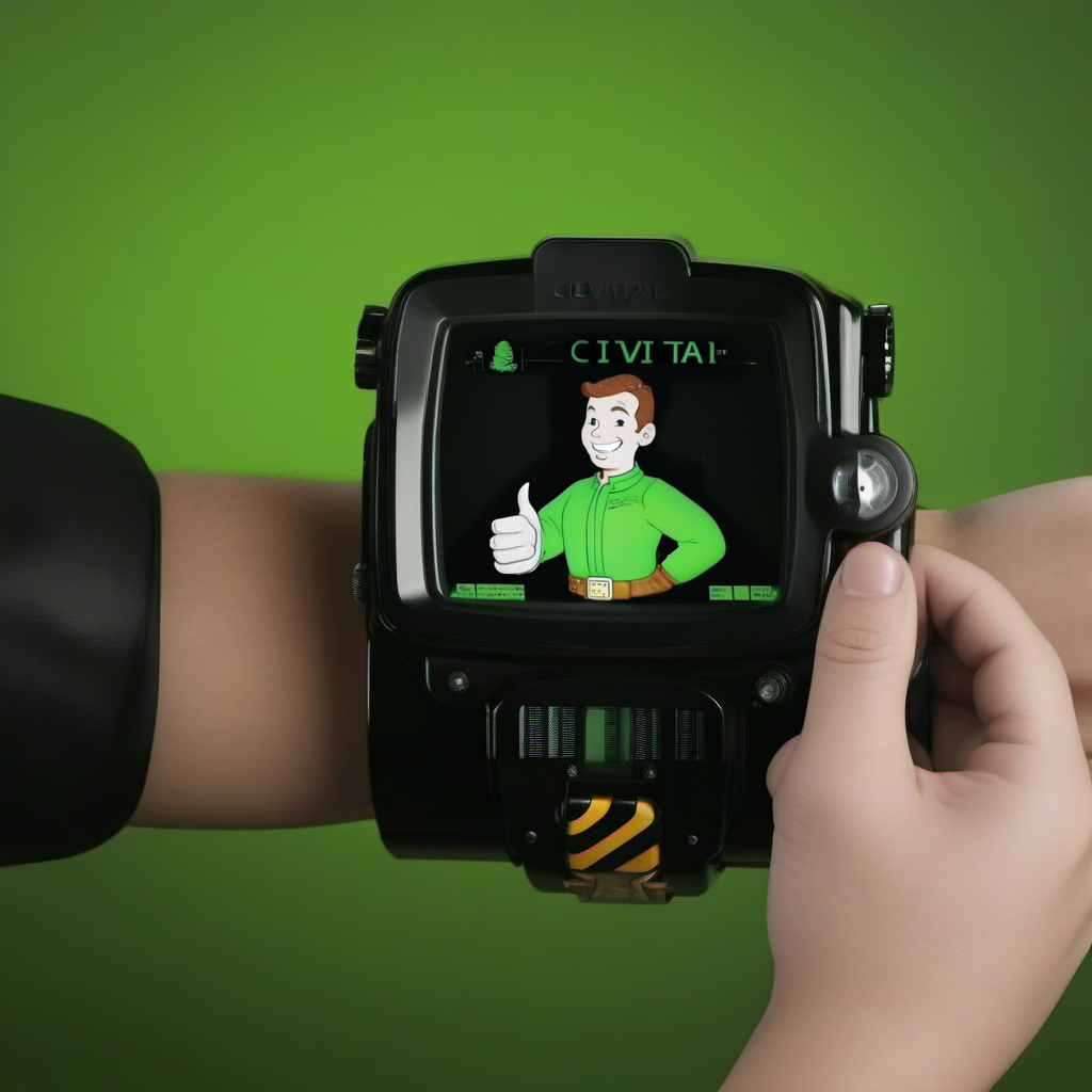 a wrist computer, vintage black and green display screen, a smiling cartoon character thumbs up (((text ''CIVITAI''))) <lora:PipBoy1024:0.8>
