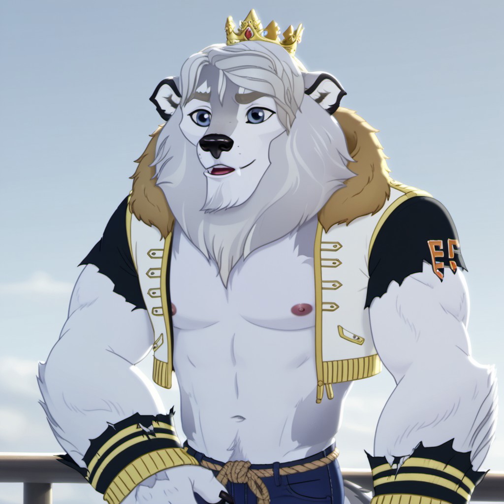score_9, score_8_up, score_7_up, source:furry, dynamic lighting, detailed background, bedroom background,  anthro, furry, male, 1boi, (headshot), solo, (detailed face, detailed eyes),
BREAK
DCharming_Beast, Daring Charming, Ever_after_high, Beast, Husky-Lion Hybrid, white fur, black nose, blue eyes, gold eyebrows, husky tail, curled tail, huge paws, snout, black ear markings, silver mane, white-and-gray hair, muscular body, torn letterman jacket, letterman jacket, torn clothes, torn jeans, jorts, rope-belt, tied belt, torn sleeves, torn cuffs, crown, huge hands, hairy arms, hand-paws, black claws, black nailpolish, three toes, digitgrade legs
BREAK
<lora:add-detail-xl:1.5>