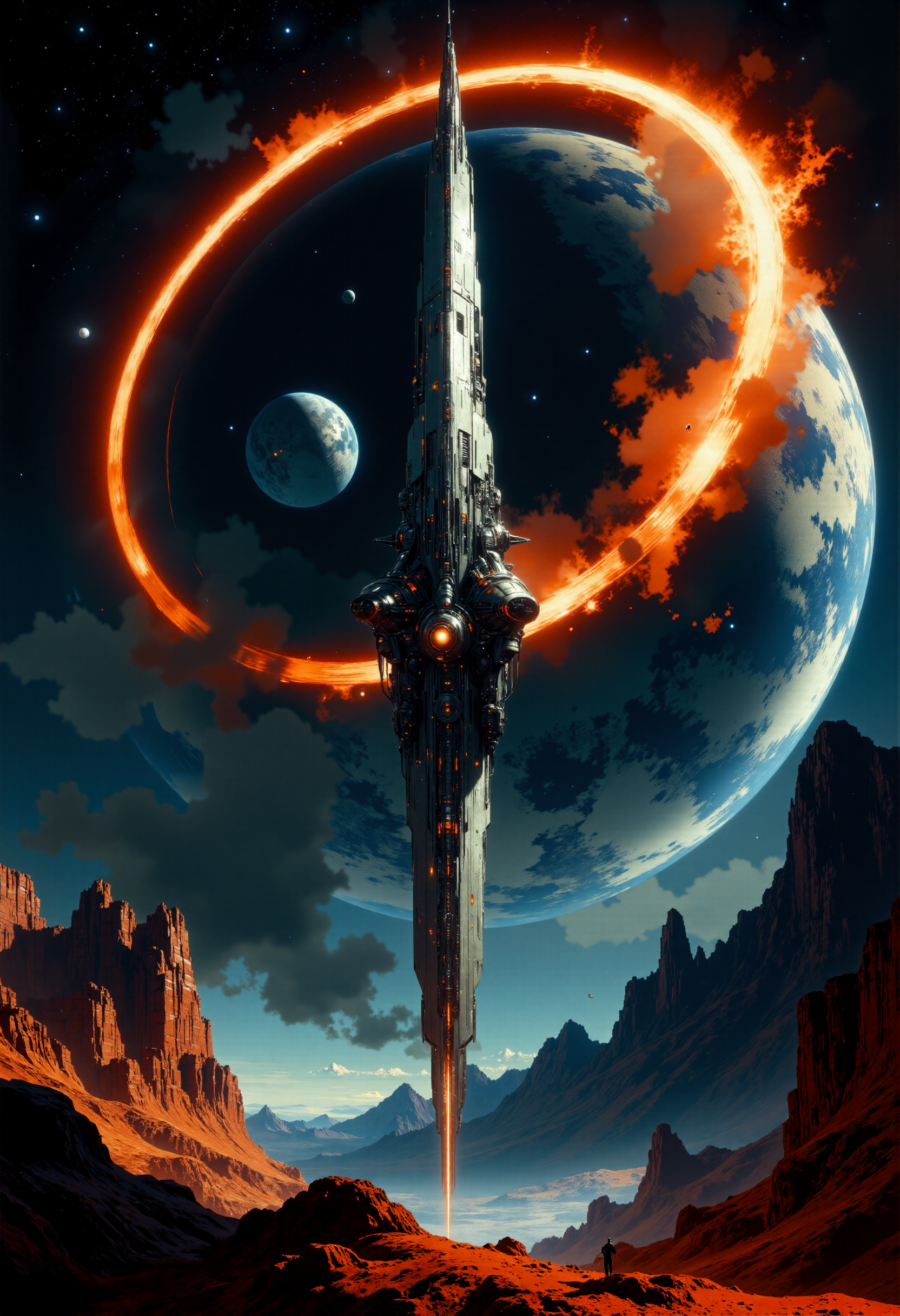 highest details, ultra hyper realism. highly detailed and realistic. intricate and highly professional artwork, an absolute masterpiece.
This high-quality digital artwork depicts a futuristic, towering space station in a low-angle shot, floating in orbit above a curved Earth-like planet with a vivid atmosphere and scattered clouds. The space station, sleek and metallic, is lit by a bright red ring of light, casting dramatic shadows. The background is a starry, deep space with scattered stars, distant galaxies and a foreign planet. The image exudes a very high aesthetic quality with rich, vibrant colors and a sci-fi atmosphere.
<lora:artilands_v02_epoch_6:1>