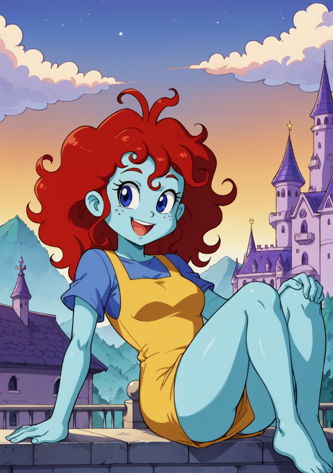 score_9, score_8_up, score_7_up, source_anime BREAK, 1girl, solo, solo focus, Pooky(dragon tales), Pookypony, monster girl, full body,  blue skin, blue eyes,  red hair,  small breasts, blue shirt, yellow dress, bare feet, bare legs, one leg laying, wide hips, smile, open mouth, one hand hugging one leg, looking to the horizon,  on purple roof, sitting on roof, purple castle tower, purple flag,  purple tower, roof, clouds, sunset, dusk, stars, pov,  <lora:Pooky_the_GiantDragon_Tales:0.9>