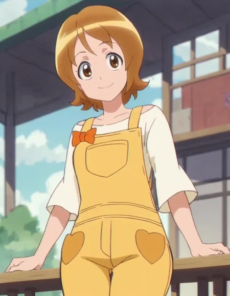score_9, score_8_up, score_7_up, anime screencap, solo,1girl,omoriyuko, 1girl, solo, overalls, smile, looking at viewer, standing, shirt, bow,large breasts,wide hip,cowboy shot, <lora:omoriyuko:0.8>