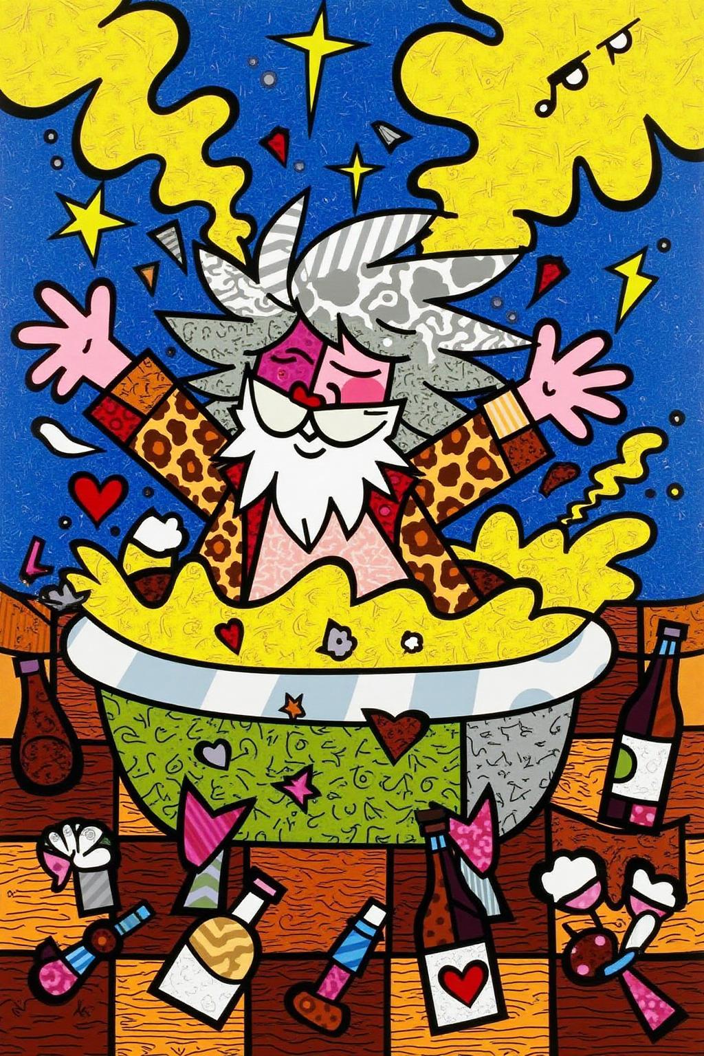 romeb1 illustration.
A surreal scene of an eccentric elderly man with a white beard and  wild voluminous long hair relaxing in an overflowing small bathtub filled with bright yellow beer foam. He wears a leopard-print robe and leans back confidently with a big smile, with arms extended and facing directly to the viewer. Beer bottles are scattered around the bathtub and on the floor, while the yellow foam spills over the edges and fills the air, creating an almost volcanic, chaotic atmosphere. There is rising yellow smoke and steam in the background <lora:romeb1_cap_d6a3e12:1.0><lora:829122077903593883:0>