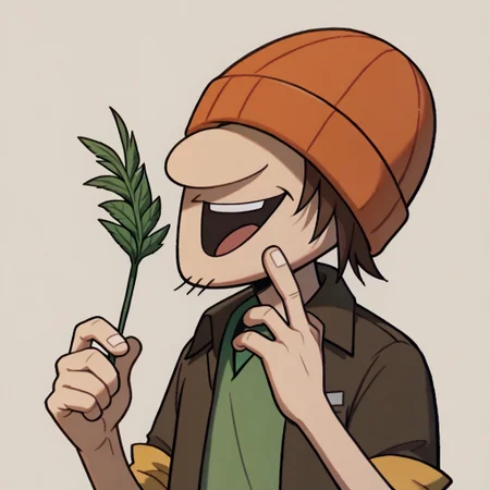 score_9, score_8_up, score_7_up BREAK WadeKB, 1boy, brown hair, orange beanie, no eyes, eyeless, open yellow-collared short-sleeved brown jacket, yellow rolled-up short sleeve, green undershirt, cowboy shot, happy, holding marijuana joint,