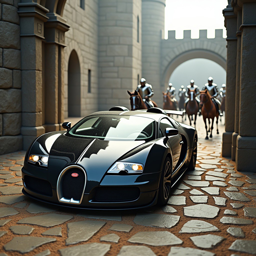 A black Bugatti Veyron with lances welded to its sides, racing out across the drawbridge of a medieval castle with mounted knights following behind.