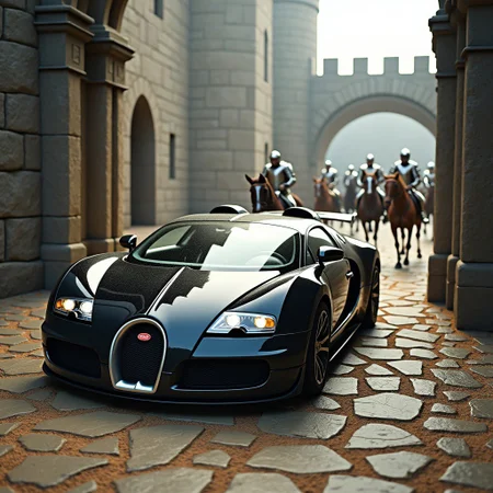 A black Bugatti Veyron with lances welded to its sides, racing out across the drawbridge of a medieval castle with mounted knights following behind.