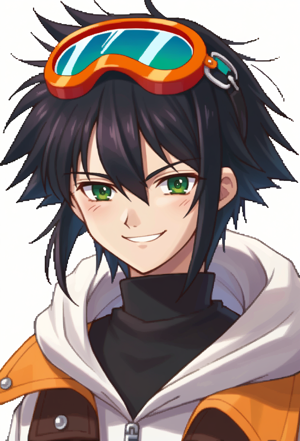 score_9, score_7_up, source_anime, BREAK <lora:zs_SkyPortraitsXL:1> skyportraits, portrait, white background,, smile, 1boy, green eyes, short hair, black hair, bangs, hair between eyes, messy hair, (goggles on head:1.2), headband, white coat, hooded coat, hood down, open coat, black turtleneck, capri pants, layered pants, black knee boots,