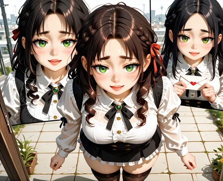 PonyScores7, source_anime, ah1, IllustriousQual, <lora:natsumi_style:0.5>, <lora:by_usakun-pony:0.4> by usakun, <lora:Akina_Bbw_Style_-_PonyXL:0.2> AkinBw
BREAK 1girl, mature female, (round face:1.2), (thick eyebrows:1.3), (curvy), round-chin, caucasian, (plump face), <lora:Round_face:0.2>, <lora:ETO_OCPonyXL:0.5> eto_oc, skindentation, (plump), thick thighs, wide hips, busty, voluptuous, lips, <lora:venus body PonyXL:0.4>, <lora:shinyskin2:0.2> glistening skin
BREAK  (((curly hair), long hair, (black hair:1.4), (parted hair:1.7), messy hair, kinky curls, <lora:hairdetailpxl:0.2> hairdetailpxl))
BREAK ((half green and brown eyes), (colorful eyes), (multicolored eyes), (downturned eyes:1.4), <lora:expressive eyes:0.5> expressive eyes, <lora:eyedetailpxl:0.2> eyedetailpxl, <lora:Eyes_High_Definition:0.3> EyesHD)
BREAK ((raised eyebrows,  <lora:Expressive_H:0.2> Expressiveh, <lora:Emotional_Anime_Expressions_PonyXL_Concept:0.2> emotional, <lora:Best_Facial_Expression_LoRA_PONY:0.2>, looking at viewer, <lora:Detailed expressive EXEV style -XL Pony V1.0:0.2> FaceDetail))
BREAK ((Merging with the Light of Creation))
BREAK lotus frill skirt, Scottish dress, stripped thighhighs, puff sleeves, clothing buttons, braided hair, hair ribbons, braids, french braid
BREAK (((A girl prepares homemade chocolates and a love letter for Valentine's Day)))
BREAK <lora:xl_more_art-full_v1:0.2>, <lora:aesthetic_anime_v1s:0.2>, <lora:EpicF4nta5yXL:0.2>, <lora:detailxl:0.2> detailxl, <lora:Fant5yP0ny:0.2>, best quality, amazing quality, best aesthetic, absurdres, illustration, Volumetric_Lighting, ultra-detailed, very aesthetic, intricate details, 8k, masterpiece, best_quality
BREAK (zoom_out:1.8), (HDR Panorama shot)
BREAK Stable_Yogis_PDXL_Positives, AS-Adult, <lora:Complicated fantasy portrait - XL Pony V2.0:0.3>, bad-hands-5, <lora:HDA_Detailer:0.5>, HDA_FatGirlXL