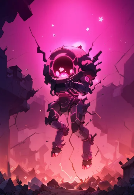 score_9, score_8_up, score_7_up, (((night time, pink lighting)), (dark airfield), giant mech, glowing eyes, (standing), (rubble, falling stars), (depth of field)