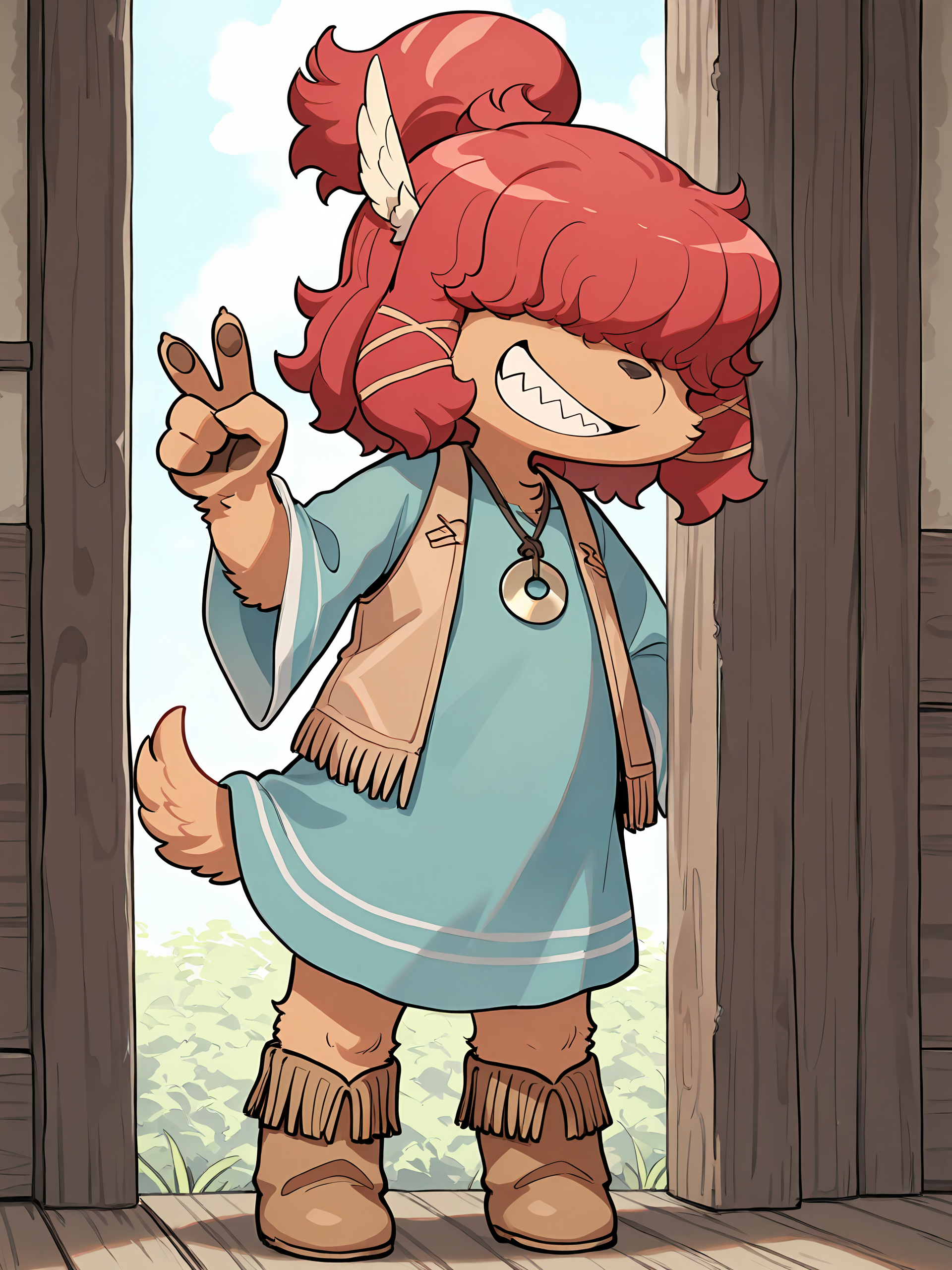 BREAK, <lora:Wappa_Charlotte:1>, Wappa Charlotte, Fuga: Melodies of Steel, kemono, furry female, young female, 1girl, dog girl, tan fur, hair over eyes, red hair, bangs, dog tail, Fuga 2 appearance, ponytail, brown hairbands,
BREAK, Fuga 2 Outfit, tan trimmed boots, turquoise tunic, tan vest, circular pendant, leather cord, feather in hair,
BREAK, solo, full body, looking at viewer, v, grin, sharp teeth