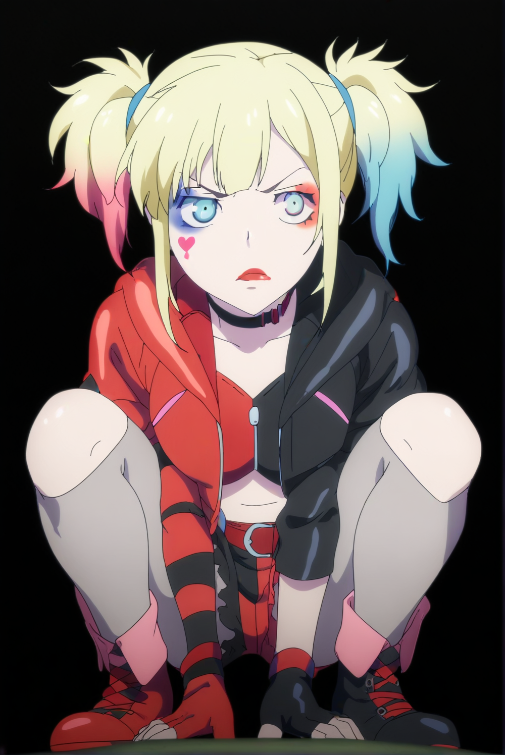 Harley Quinn, front view, squatting, shorts, dark gray background, simple background <lora:isekai_suicide_squad-Harley_Quinn-PDXL:0.8>,  <lora:sdxl_lightning_4step_lora.safetensors:1.0>