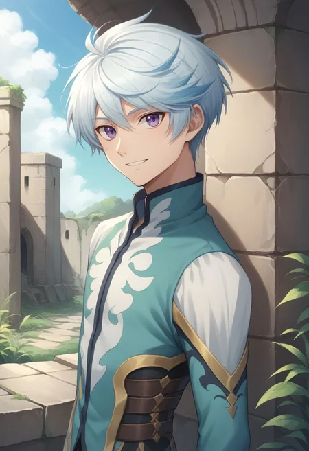 score_9, score_8_up, source_anime, highly detailed, 1boy, solo, male_focus, slender, skinny,
mikleo, 1boy, male focus, solo, purple eyes, light blue hair, looking at viewer, upper body, smile,
outdoor, ruins,