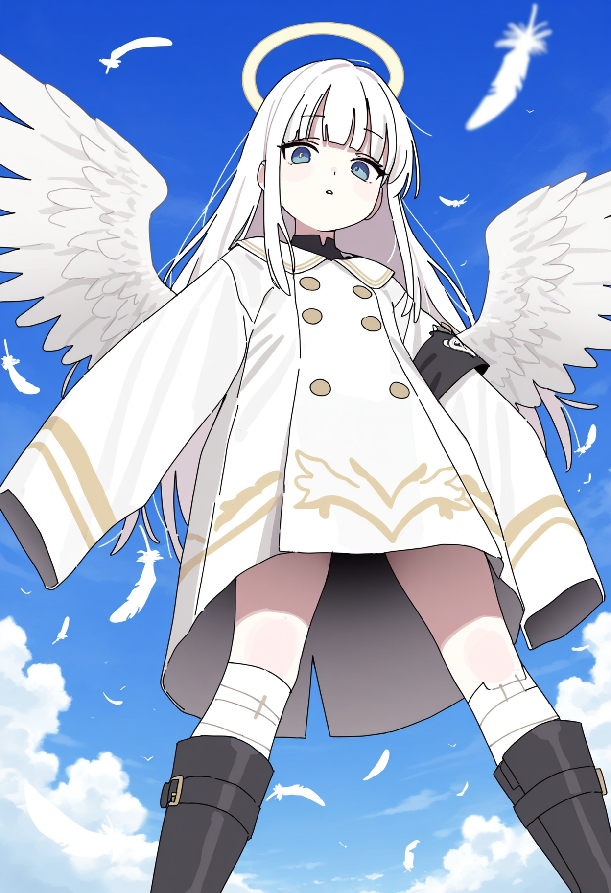 masterpiece,best quality,amazing quality,
1girl, wings, solo, white hair, halo, from below, angel, feathered wings, long hair, blue eyes, looking at viewer, sleeves past wrists, feathers, sky, long sleeves, angel wings, white wings, outdoors, blue sky, cloud, armband, looking down, sleeves past fingers, boots, day, parted lips, bandages,
<lo<lora:Imamura_Ryou:1>
