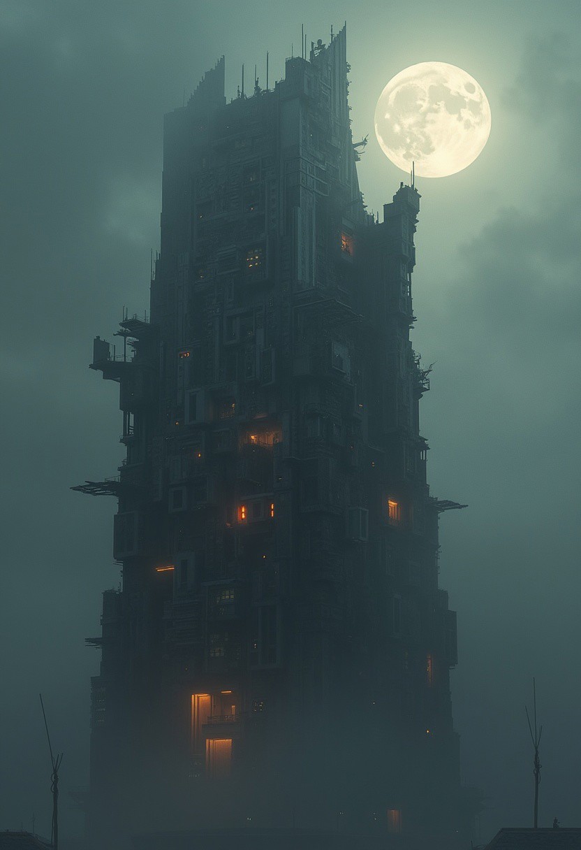 A futuristic, cyberpunk-style monumental multi-tiered building towering in the misty, darkened sky, with intricate angular designs. The structure is primarily in muted greys, blacks, and whites, with orange accents highlighting key architectural features. A full moon casts long shadows, creating an eerie, otherworldly ambiance