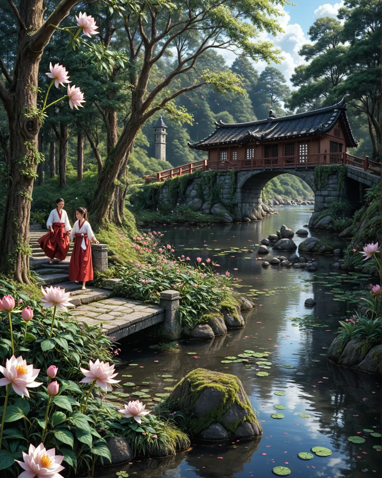 masterpiece, best quality, amazing quality
,1girl, skirt, brown_hair, 1boy, standing, flower, outdoors, sky, day, cloud, water, tree, red_skirt, plant, building, hakama, scenery, nature, pink_flower, hakama_skirt, reflection, forest, rock, stairs, architecture, house, east_asian_architecture, bridge, river, lily_pad, lotus, moss, pond, garden, stone_stairs,A romantic scene featuring a couple walking along a stone bridge over a serene river, surrounded by lush greenery and vibrant pink water lilies. The couple is dressed in traditional clothing, with the woman wearing a red dress and the man wearing a brown suit. The background features a stone building with a green roof, and the scene is bathed in soft, warm light. The style is realistic with a touch of fantasy.