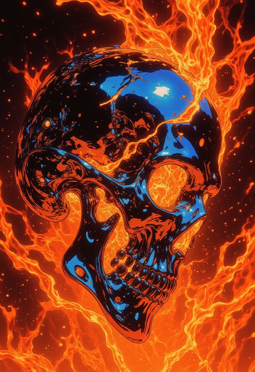 Hyper-realistic digital chrome art of a silver-colored skull with a subtle tint of fiery orange, its reflective surface gleaming with a high-gloss finish. From the skull's eye sockets and mouth, hot molten lava erupts, cascading in large quantities with chaotic energy, while the reflective skull surface distorts the intense, fiery glow. The lighting is cinematic, casting dramatic highlights on the skull’s metallic surface while deep shadows form along the edges, accentuating the texture. The surreal background glows in molten orange, creating a stark contrast to the smooth, cool metallic chrome. A futuristic metallic blue and silver mask is subtly integrated into the design, reflecting the bright orange lava glow. The HD quality ensures the detailed light reflections and high-contrast effects, creating a visually striking scene with dynamic, reflective light play against the skull’s smooth metallic finish.