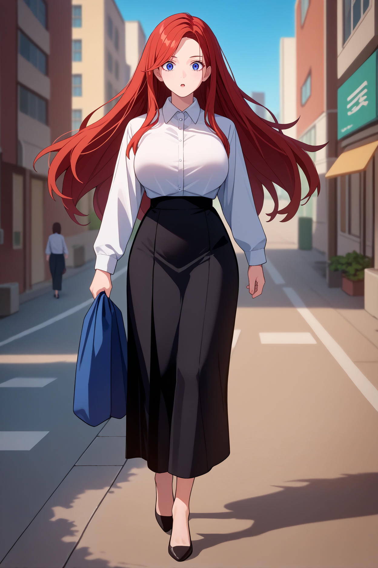 score_9, score_8_up, score_7_up, score_6_up, source_anime, 1girl, solo  <lora:renanakano-pdxl-nvwls-v1-000004:1> 5hrn, red hair, long hair, blue eyes, white shirt, collared shirt, long sleeves, black skirt, large breasts, full body, high heels, long skirt, looking at you, walking, blue sky, city, surprised