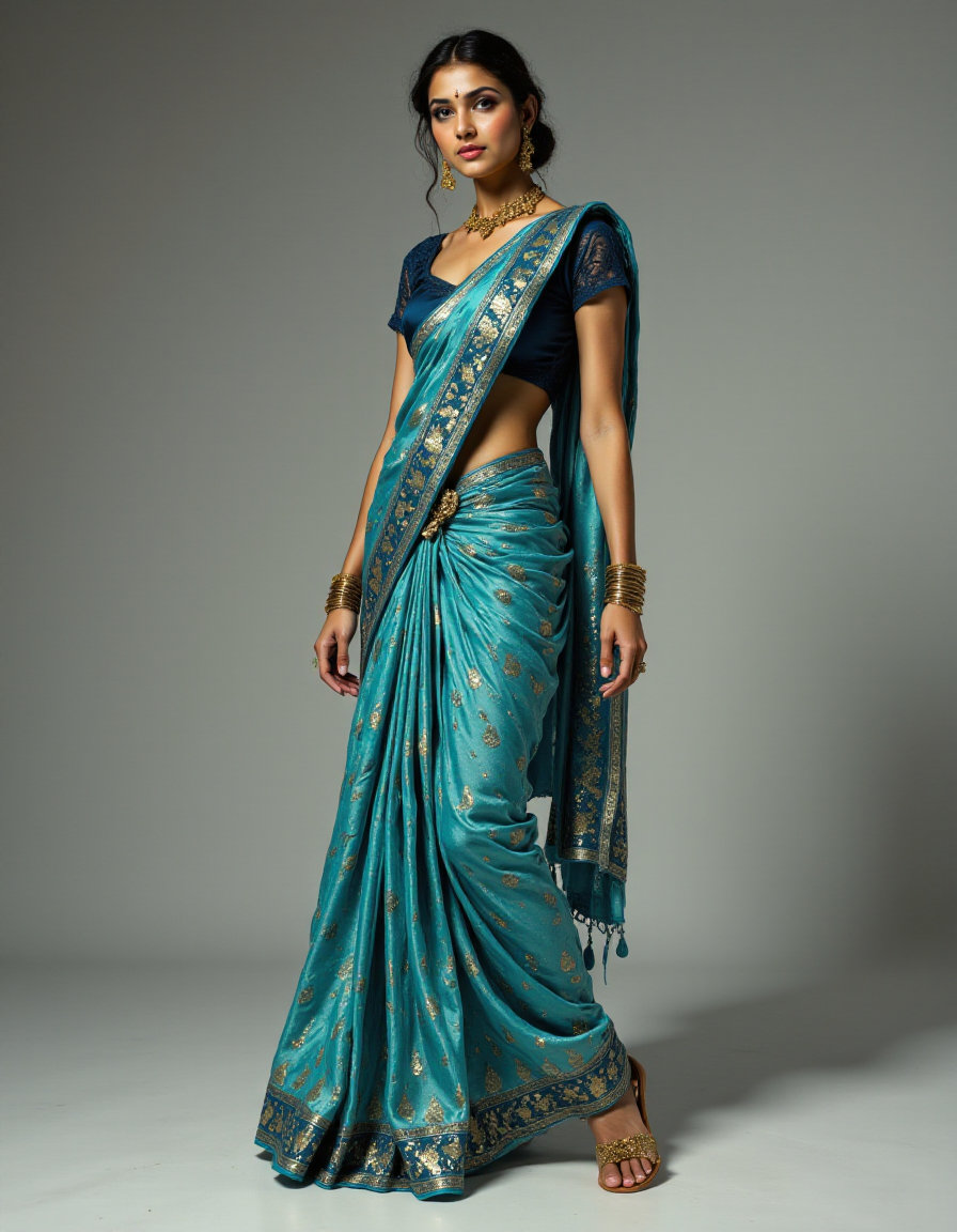 Beautifully detailed and serene realistic full-length portrait. 
An young beautiful Indian women wearing Light blue handcrafted geometric silk saree with lace sleeves boat neck satin blouse,wearing matching sandals.  detailed face, no makeup, detailed eyes, Full body visible. 
<lora:fluxenhancer:0.8> fluxenhancer <lora:dreadmirth-style-art:0.8> dreadmirthart <lora:FSF-Real-Babes:0.8> <lora:Vibrantly_Sharp_style_v.5:0.8>