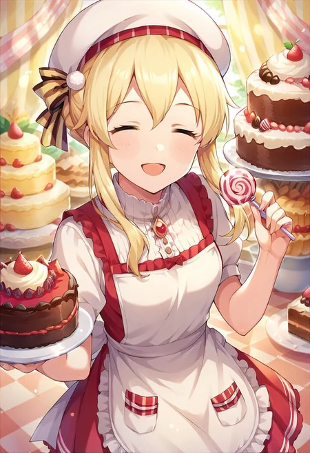 score_9, score_8_up, score_7_up, source_anime,kurarisu, blonde hair, closed eyes, 1girl, food, hat, solo, cake, apron, candy, smile, open mouth