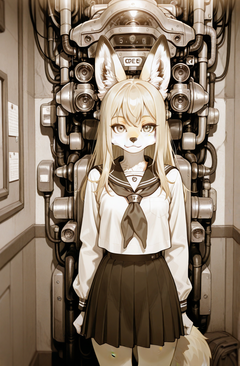 (anthro fox girl:1.5),blonde,long hair,SmoothQualityPony 
tatsuyuki,serafuku, looking at viewer, machine,monochrome, 
 <lora:Perfect Hands:1>  <lora:Tatsuyuki:0.8> 
<lora:age_slider_v4:-2.5>, score_9, score_8_up, score_7_up, score_6_up, score_5_up, score_4_up,zPDXL
