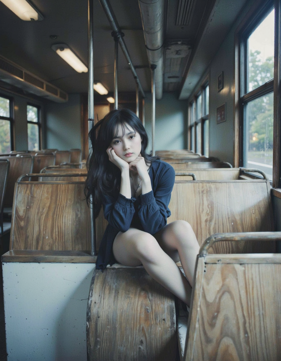 By Bruno Dayan. A photo-realistic shoot from the side about a young woman leaning against a bench in a dimly lit interior of a bus or train car, with a contemplative expression. on the middle of the image, a 20-year-old asian woman with light skin and long black hair appears to be leaning against the bench, looking directly at the camera with a serious expression. she has a slim body and is wearing a dark blue long-sleeved top. the woman's eyes are brown and appear to be looking straight at the viewer. her hair is styled in long hair and falls between her eyes. she is leaning on the bench with her hand on her chin, and her expression is calm and contemplative. the image is taken from a low angle, focusing on her face and upper body. the bus interior has wooden pews and large windows, allowing natural light to filter in and create a sense of depth and atmosphere. the lighting is soft and diffused, creating a moody atmosphere.