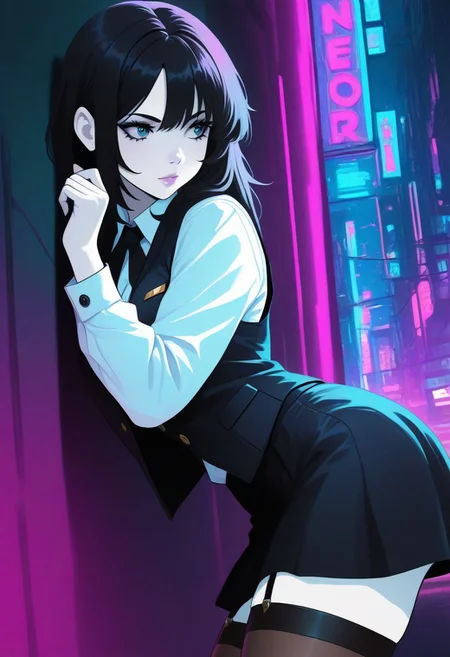 1girl, black hair, white shirt with buttons, jacket, vest, stockings, leaning against wall, CatGirlNeonStyle, pale skin, neon background, night, noir