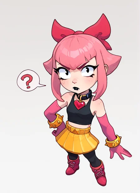 score_9, score_8_up, score_7_up, <lora:bsmelodie:1> bsmelodie , 1girl, solo , pink hair, hair bow ,black lipstick, black collar ,neck heart ,black shirt, crop top, bare shoulders, elbow gloves, pink gloves, yellow bracelet , yellow skirt , black thighhighs , boots, <lora:PossumMachine:1>posmach , looking at viewer, confused, ??? , full body, from above,