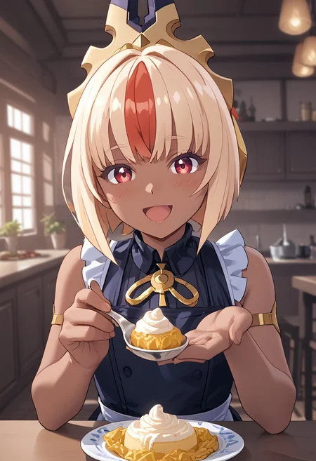 score_4,score_5,score_6,score_7_up,score_8_up,score_9 ((masterpiece,best quality,ultra detailed,highres,HD,4k:1.2)),
1 femboy, solo,solo focus,femoby focus,face focus,
Luxia,dark skin,dark-skinned femalemulticolored hair,blonde hair,short hair,bob cut,sidelocks,hair ornament,head ornament,red eyes,large breast,
Apron, sleeveless, exposed arms, exposed shoulders,, frilly aprons,
upper body,
pov,feeding,looking at viewer,feeding, food,incoming food,holding spoon,
looking at viewer,blush,shy,smile,,open mouth,