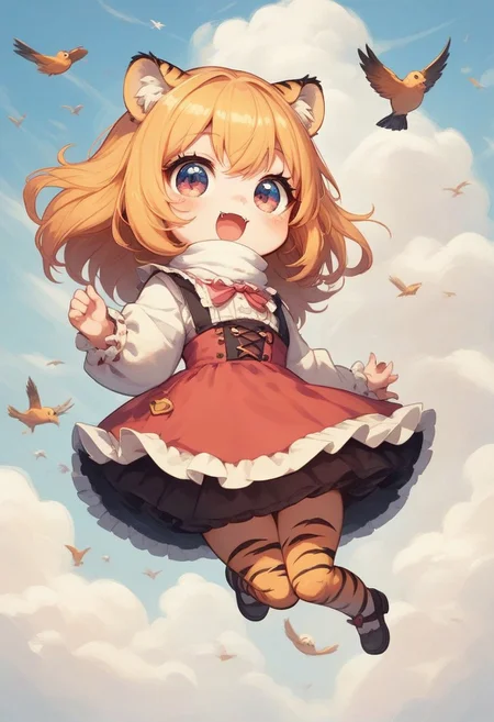 score_9, score_8_up, score_7_up, best quality, fine detail, cute, tiger girl, chibi, jumping, =3, surrounded by birds, clouds, from below,