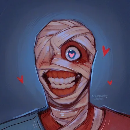score_9, score_8, curly_MW man, blue eye, one eye, heart pupil, happy, teeth, bandages, amputee, <lora:Curly_Mouthwashing:.8> dark, dark lighting,