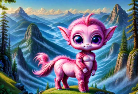 ILUal13n, a fictional fluffy cute little pink alien centaur, in a mountainous fantasy landscape, high depth of detail