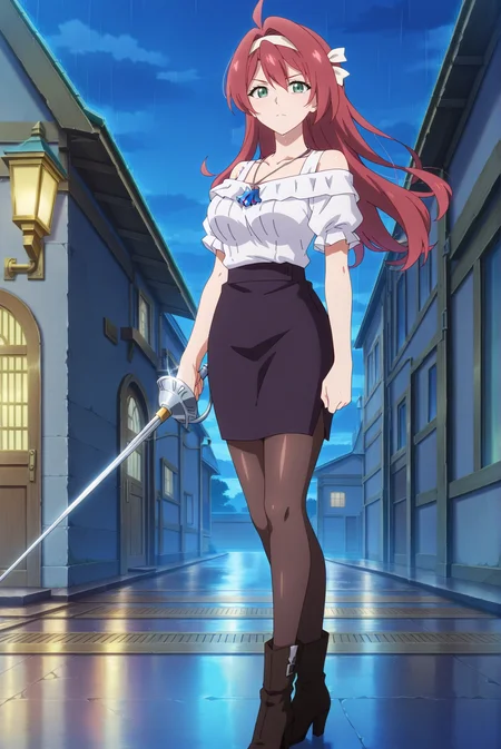 masterpiece, best quality, anime, 2d, 1girl, (slender, anime screencap, medium breasts), solo, gi clervie, <lora:Clervie-ILXL-V1:1>,
BREAK (long hair, ahoge, red hair, white hairband, white ribbon, hair ribbon, mature female:1.2), outdoors, night, rain, <lora:StS_Age_Slider_Illustrious_v1:2>
BREAK (white shirt, necklace, short sleeves, off shoulder, black skirt, miniskirt, pencil skirt, brown pantyhose, black boots),
BREAK (looking at viewer, full body, holding sword, rapier, from side:1.2), (green eyes, v-shaped eyebrows, serious),