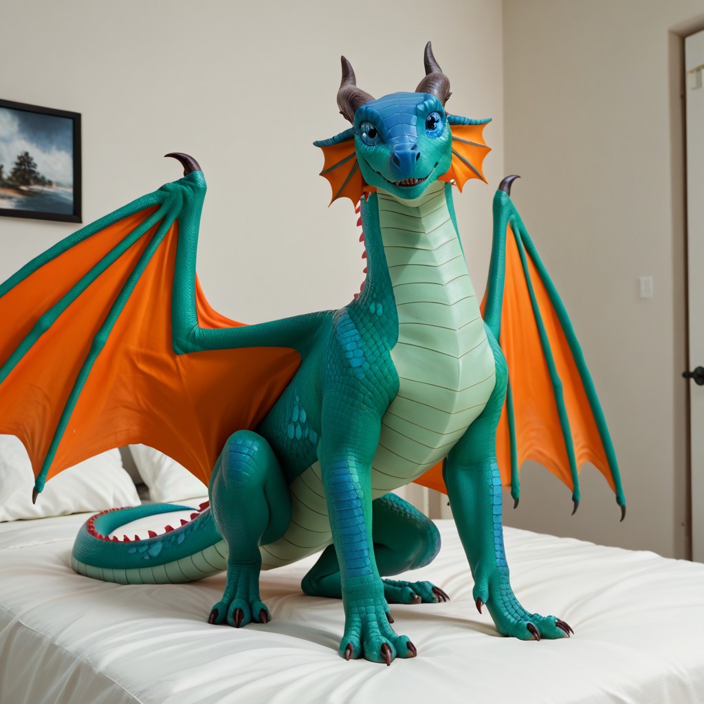score_9, score_8_up, score_7_up, score_6_up, score_5_up, score_4_up, masterpiece, high quality, realistic, detailed, best quality, solo, rating_safe, source_furry, bedroom, smiling, happy, detailed eyes, detailed face, (looking at viewer, standing) Glory_wof, Rainwing_wof, dragon, green scales, black horns, blue face, tail, claws, orange ear frills, blue eyes, orange wings, 1girl, female, feral, spread wings