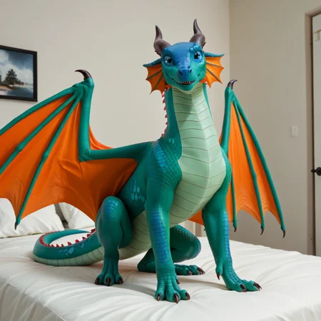 score_9, score_8_up, score_7_up, score_6_up, score_5_up, score_4_up, masterpiece, high quality, realistic, detailed, best quality, solo, rating_safe, source_furry, bedroom, smiling, happy, detailed eyes, detailed face, (looking at viewer, standing) Glory_wof, Rainwing_wof, dragon, green scales, black horns, blue face, tail, claws, orange ear frills, blue eyes, orange wings, 1girl, female, feral, spread wings