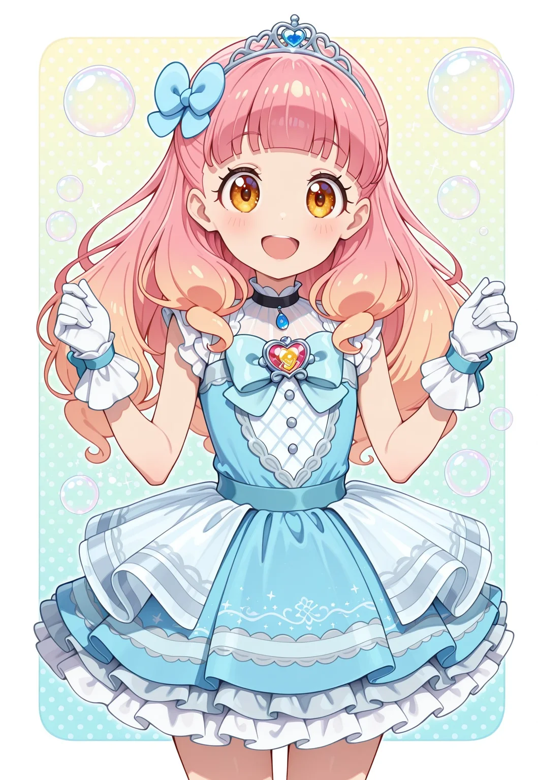 masterpiece,extremely detailed,best quality,amazing quality,newest,absurdres,highres, 1girl, solo, yuki_aine, gradient hair,pink hair,long hair,blue hair bow, blunt bangs, littlemycinderella, gloves, white gloves, blue dress, bow, blue bow, bangs, :d, tiara, sleeveless, sleeveless dress, frills, light brown hair, heartbrooch, hands up, (w_arms:1.1),open_mouth, BREAK bubble_background, cowboy_shot