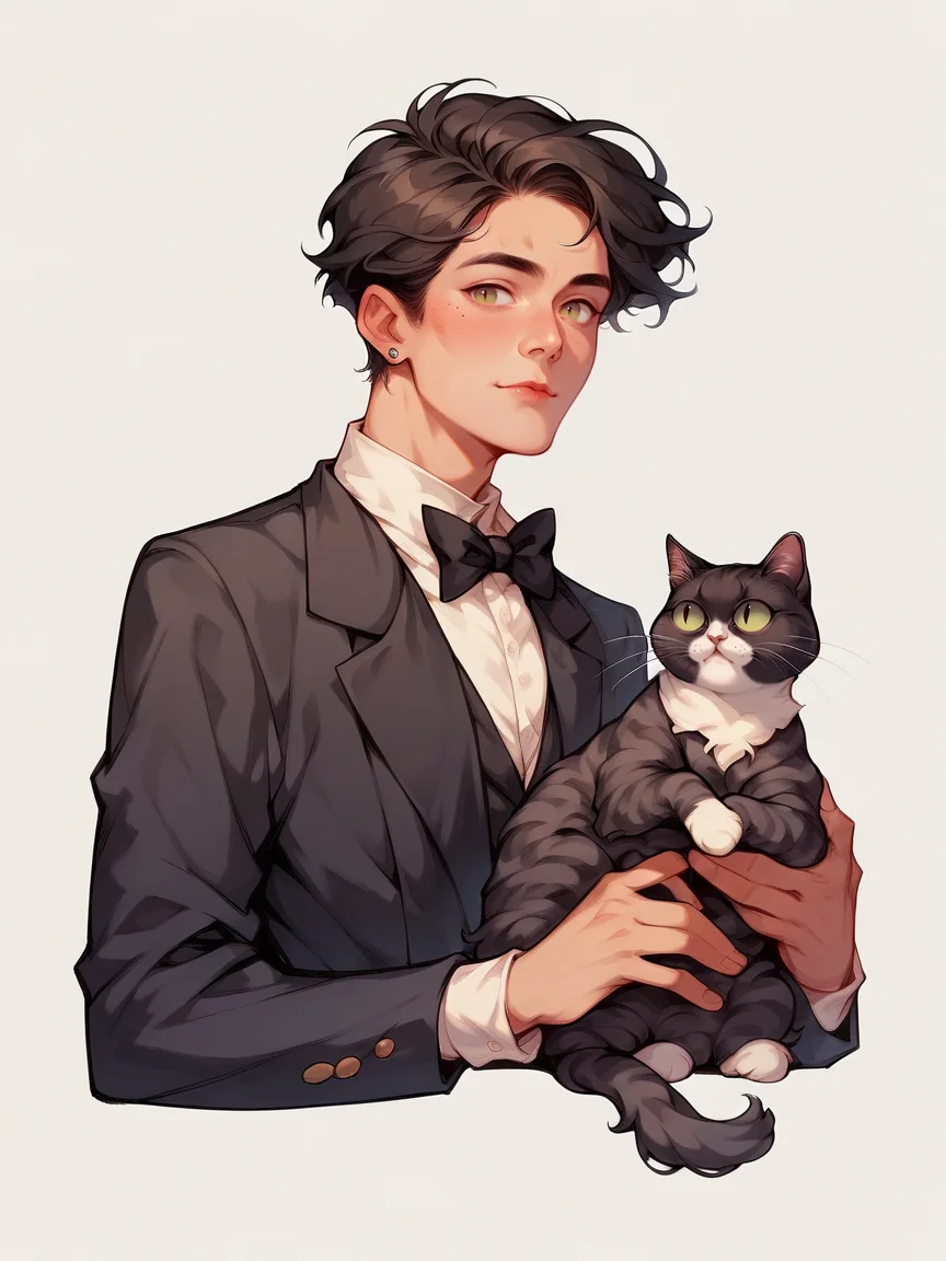 score_9, score_8_up, score_7_up, score_6_up, score_5_up, <lora:c4tsXLP:0.9> c4ts, tuxedo cat, <lora:p3tl0v3XLP:1> p3tl0v3, 1boy, cat,