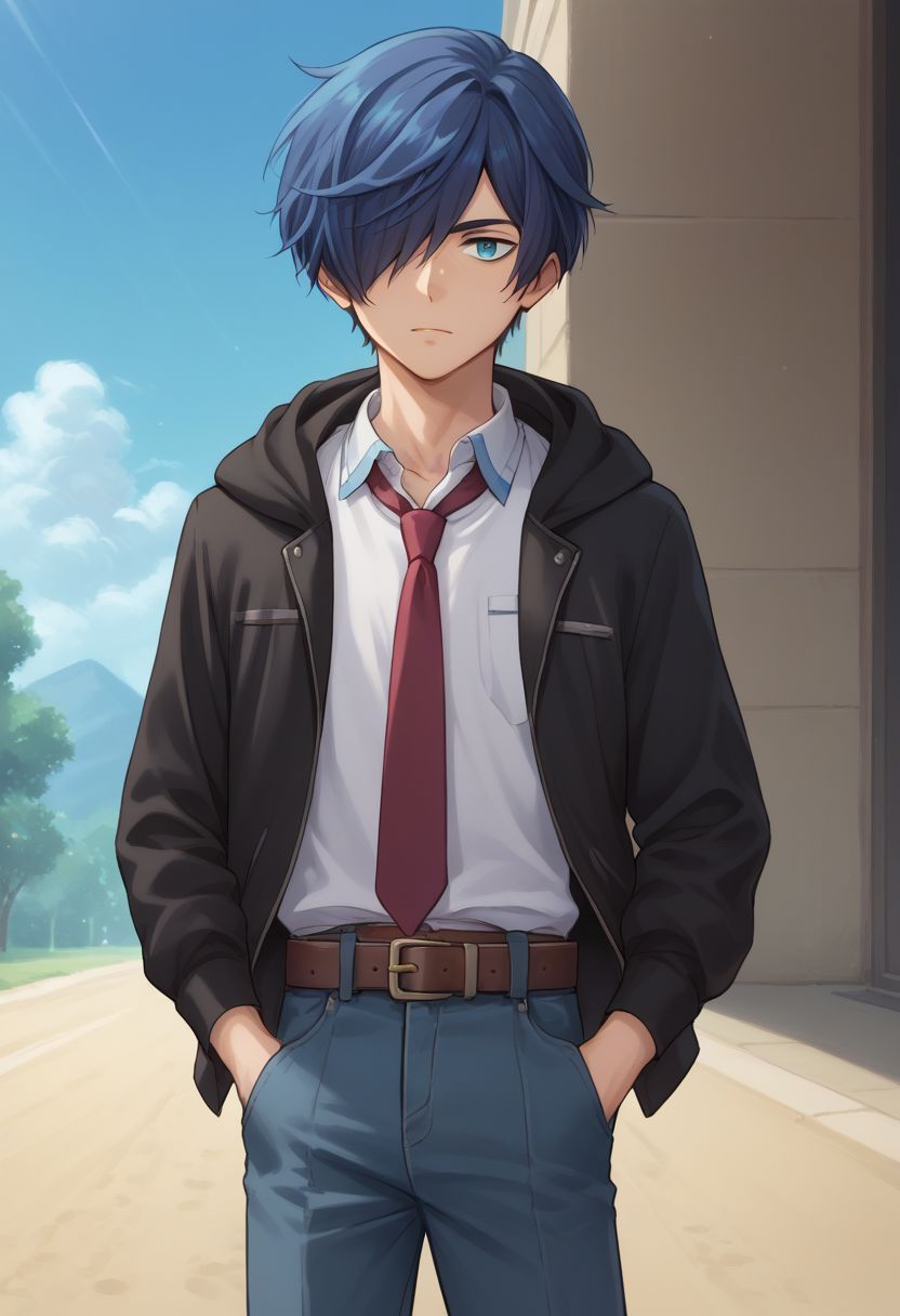 score_9, score_8_up, source_anime, highly detailed, 1boy, 
toi, 1boy, male focus, solo, blue eyes, blue hair, necktie, hair over one eye, belt, red necktie, upper body, pants, hood,
outdoor,