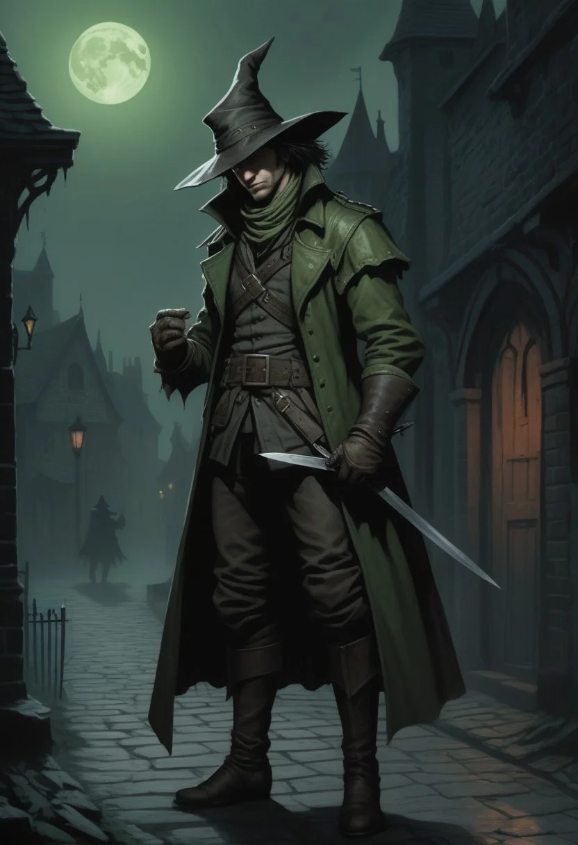 Dark Fantasy Artwork of a lean pale highwayman (picking his nails) with a thin straight dagger, one leather glove off, beneath a pale creepy green moon, (top half of his face obscured by shadow). He wears a medieval leather jacket, (floppy bicorn hat with wide brim,) tight trouser with a woolen codpiece, and long riding boots. DarkestDungeon artstyle. Karl Kopinski artstyle, very detailed. Dark foggy alley in the 1500's background,