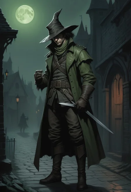 Dark Fantasy Artwork of a lean pale highwayman (picking his nails) with a thin straight dagger, one leather glove off, beneath a pale creepy green moon, (top half of his face obscured by shadow). He wears a medieval leather jacket, (floppy bicorn hat with wide brim,) tight trouser with a woolen codpiece, and long riding boots. DarkestDungeon artstyle. Karl Kopinski artstyle, very detailed. Dark foggy alley in the 1500's background,