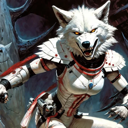 rotate her back to us, Photorealistic art of a wolf girl dancing, dressed in adventuring gear with a white wolf in the background, wisosdxl, wolf, snarl, snarling, ears back, ears forward, intense gaze, tongue out, black, white, basilwolverton style, grotesque, spaghetti hair, bulging eyes, skin folds, veins, large teeth, bloodshot eyes, mad-stpk-ggls, mad-stpk-flcp, mad-stpk-ht, mad-mecharm, John Berkey Style page, KIRIGAMI page, linquivera, liiv1, g1g3r