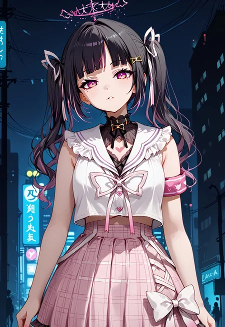 1girl, solo, solo focus, highres, absurdres, Rie1st, long hair, bangs, twintails, black hair, ribbon, hair ornament, multicolored hair, hair ribbon, pink hair, pink eyes, streaked hair, two-tone hair, hairclip, halo, blunt bangs,
plaid skirt, frills, sailor collar, pink skirt, white shirt, bow, heart, armband, white ribbon, clothing cutout, sleeveless,
looking at viewer, head tilt, hand up,
city, street, neon lights, night, night sky, backlighting, silhouette,