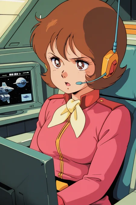 masterpiece, best quality, amazing quality, absurdres, frawbow79, brown hair, solo, serious, open mouth, talking, headset, sitting, monitor, pink military uniform, yellow ascot, upper body, medium breasts, indoors, spacecraft, science fiction, retro artstyle