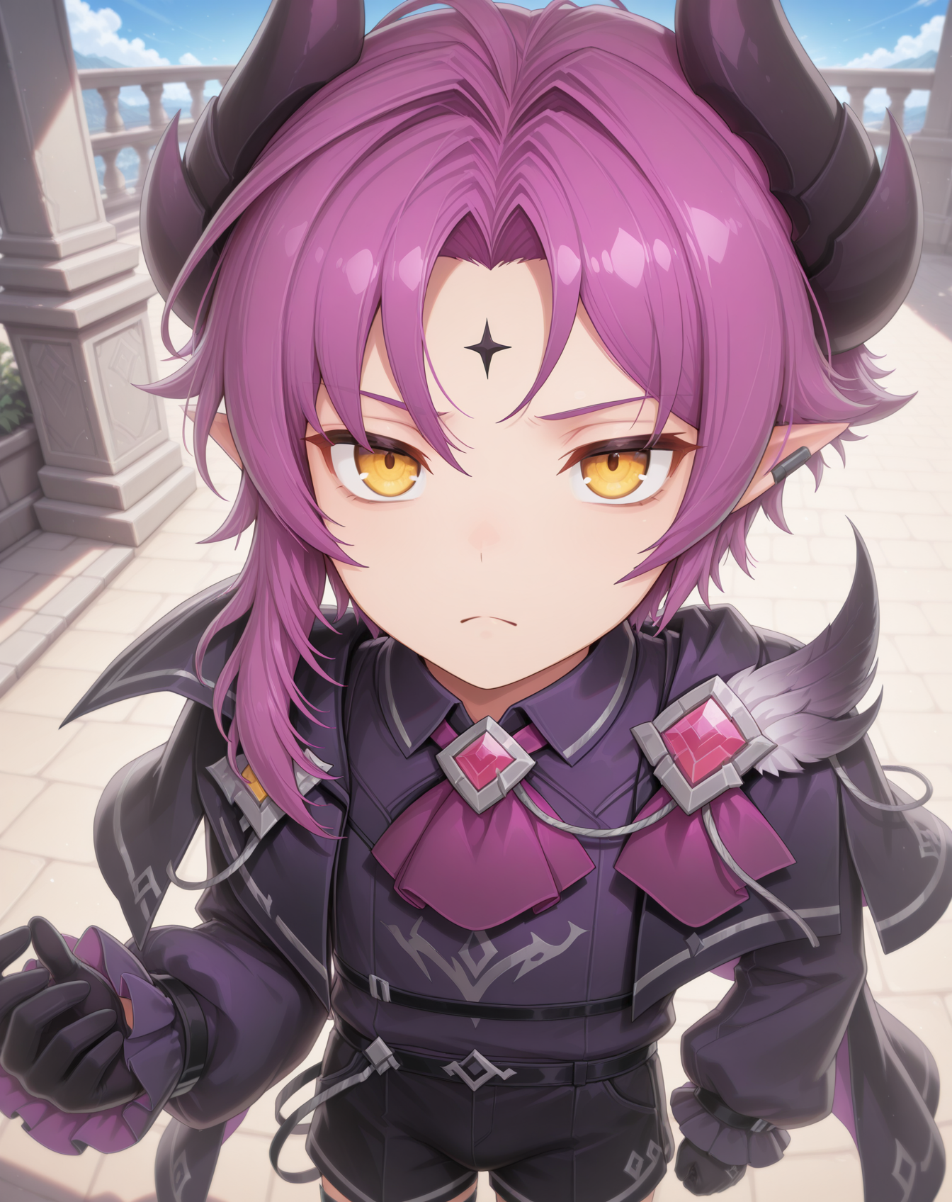 masterpiece, amazing quality, best quality, absurdres, very aesthetic,
1boy, solo, yaoi, male focus, cowboy shot, upper body, looking at viewer, face focus,
<lora:Veigas_T_Default_ilxl:1> veigastdefault, demon horns, yellow eyes, purple hair, pointy ears, forehead mark, demon boy, parted bangs, black horns,asymmetrical hair,
black shorts, collared shirt,purple ascot, black gloves, puffy long sleeves, purple cape, black shirt, black jacket, black cape, purple shirt, frilled sleeves, puffy sleeves, purple gloves, jewelry, sleeves past wrists, open clothes, purple necktie, purple vest, frown, brooch,
purple socks, black footwear, legwear garter, black socks, shoes,
outdoors, day, blue sky,