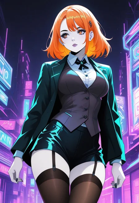 1girl, orange hair, white shirt with buttons, jacket, vest, stockings, standing, CatGirlNeonStyle, pale skin, neon background, night, noir