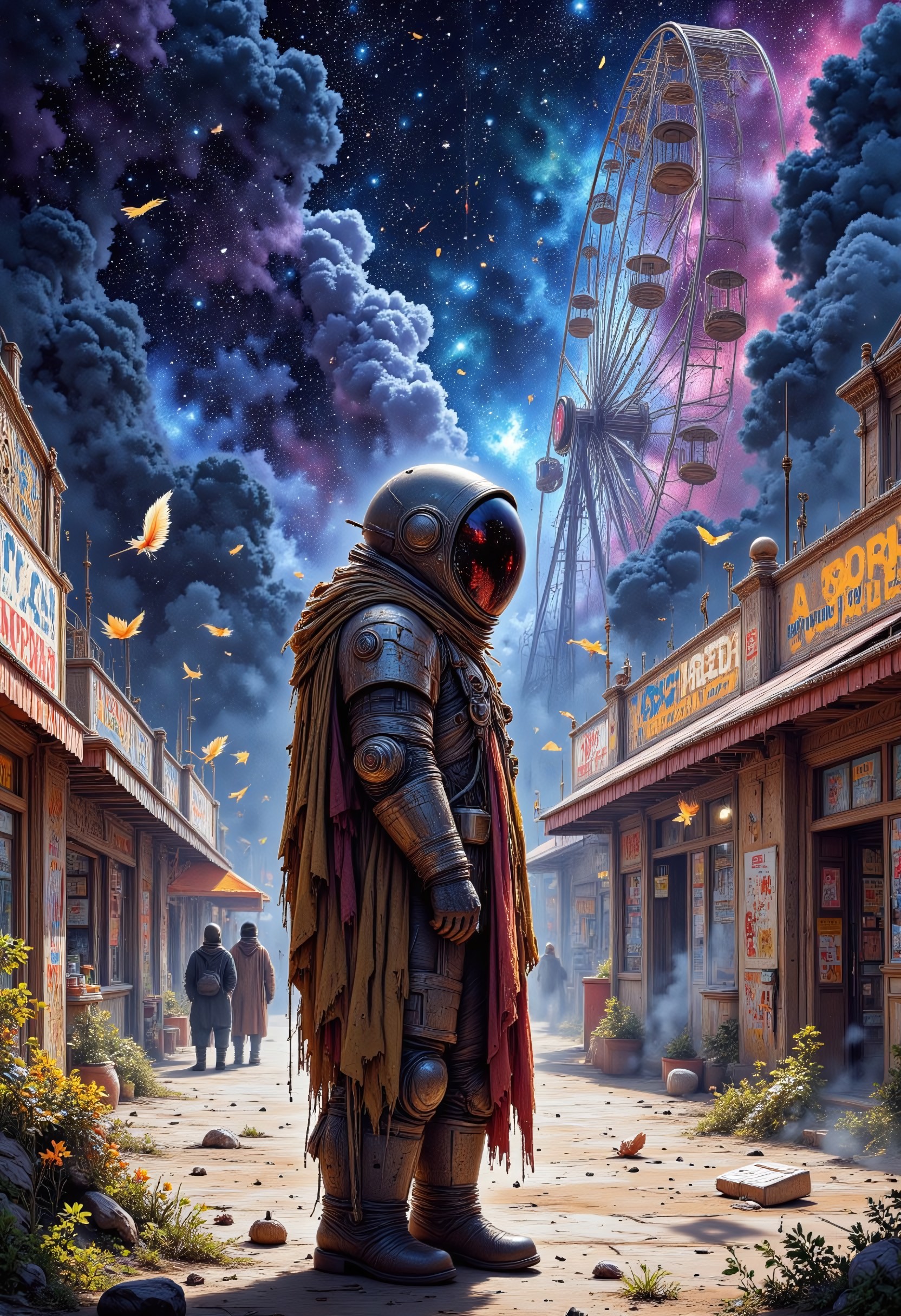 A lone astronaut in a tattered and worn-out spacesuit stands amidst a deserted carnival, surrounded by rickety booths and stalls that once showcased colorful treats and games now dulled by years of neglect. The astronaut's face is obscured by a reflective visor, their features hidden beneath the metallic mask. Feathers drift lazily through the wind-blown air, swirling around their feet as they gaze up at the faded Ferris wheel, its seats creaking ominously in the gentle breeze. The astronaut's hands are clasped behind their back, their gloved fingers clenched into a tight fist, as if holding onto something intangible. In one hand, a weathered carnival ticket dangles from their finger, the paper flapping limply in the current.
mythp0rt, Jedwtrexp, watercolor, Portrait with Galaxy Hair, vibrant starry galaxy with constellations and nebulae,