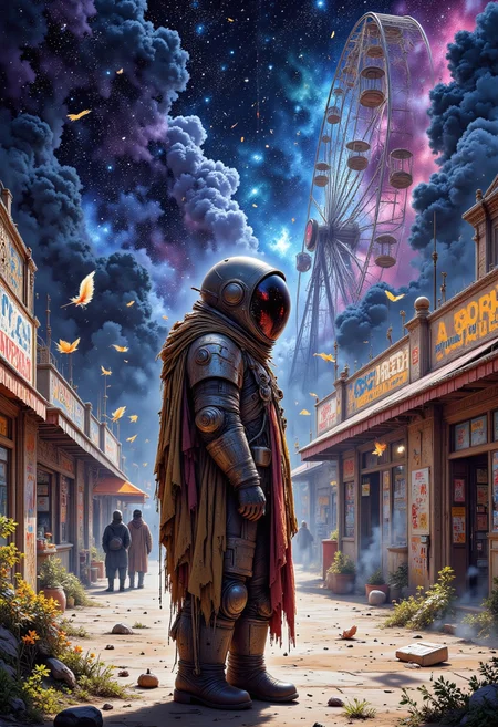 A lone astronaut in a tattered and worn-out spacesuit stands amidst a deserted carnival, surrounded by rickety booths and stalls that once showcased colorful treats and games now dulled by years of neglect. The astronaut's face is obscured by a reflective visor, their features hidden beneath the metallic mask. Feathers drift lazily through the wind-blown air, swirling around their feet as they gaze up at the faded Ferris wheel, its seats creaking ominously in the gentle breeze. The astronaut's hands are clasped behind their back, their gloved fingers clenched into a tight fist, as if holding onto something intangible. In one hand, a weathered carnival ticket dangles from their finger, the paper flapping limply in the current.
mythp0rt, Jedwtrexp, watercolor, Portrait with Galaxy Hair, vibrant starry galaxy with constellations and nebulae,