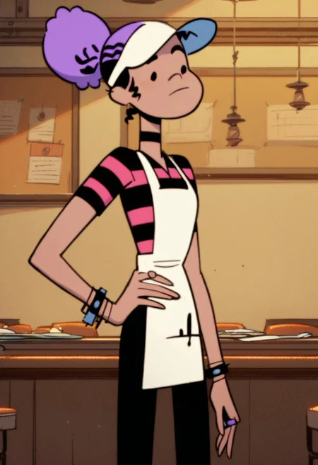 Score_9_up, score_8_up, score_7_up, Expressiveh, 1girl, solo, jokc, hair bun, purple hair, black hair, choker, bracelet, striped shirt, apron, visor hat, black pants, torn pants, hand on hip, restaurant