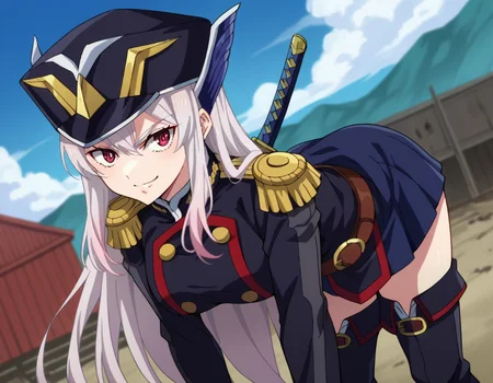 score_9, score_8_up, score_7_up, source_anime,
kyoukauzen, <lora:kyouka-uzen-s1-ponyxl-lora-nochekaiser:1>
kyouka uzen, long hair, red eyes, very long hair, white hair,
thighhighs, gloves, hat, boots, belt, sword, uniform, zettai ryouiki, military, military uniform, thigh boots, shako cap,
outdoors, wasteland, bent over, smile,
looking at viewer, cowboy shot, dutch angle, solo,