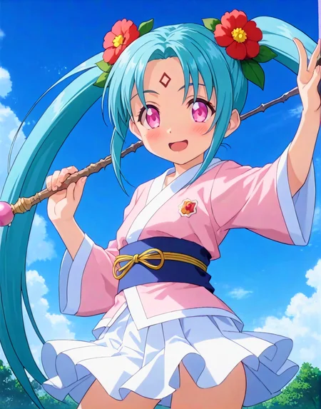 anime, best quality, (masterpiece:1.4), (high quality:1.4), sharp focus, 4k, absurd resolution, detailed hands, score_9, score_8_up, score_7_up, score_6_up, source_anime, anime, best quality, (masterpiece:1.4), (high quality:1.4), sharp focus, 4k, absurd resolution, highly detailed, highres, extremely detailed, short girl, <lora:sasami.pony:0.8> sasami, sasami magic, sasami true
source anime, smile, looking at viewer, wand, school uniform, weapon, twintails, aqua hair, facial mark, flower, forehead mark, freckle, hair flower, hair ornament, long hair, green long sleeves, miniskirt, pink eyes, white skirt, pink obi, zombie_pose,