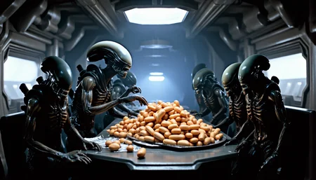 nostromo style,
multiple Xenomorphs some standing and some crawling on all fours, exited for movie night,
spaceship interior, sitting around tables, a large platter with a huge stack of hotdogs on the table, cafeteria, wall panels, science fiction, horror, ceiling decoration,

extremely detailed:1.2, sharp:1.2, bold outlines,

sharp focus, detailed face, clear eyes, Detailed perfect hand