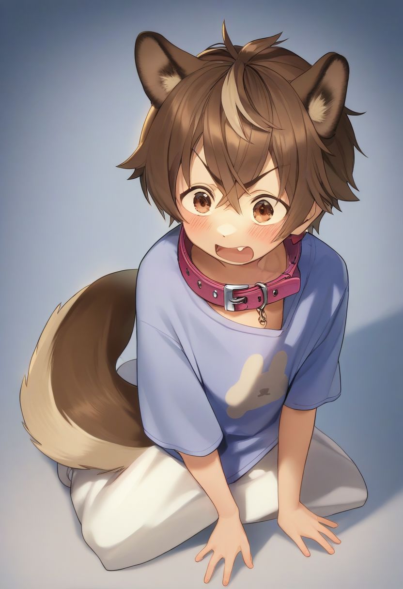Cute short boy with messy brown hair, he has dog ears and a dog tail, wearing a oversized t-shirt, dog collar around neck, bare legs, cclclclose up, young boy, embarrassed surprised face and pose, kiddo